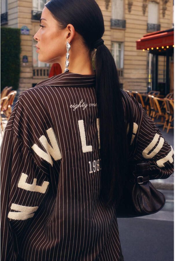 Shoeby gestreepte blouse met borduursels en backprint bruin ecru - Foto 3
