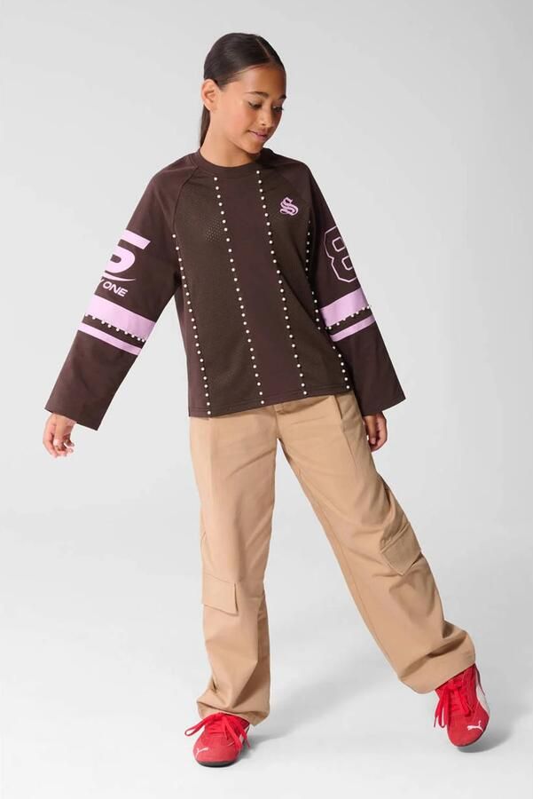 Shoeby gestreepte longsleeve met parels en tekst donkerbruin roze