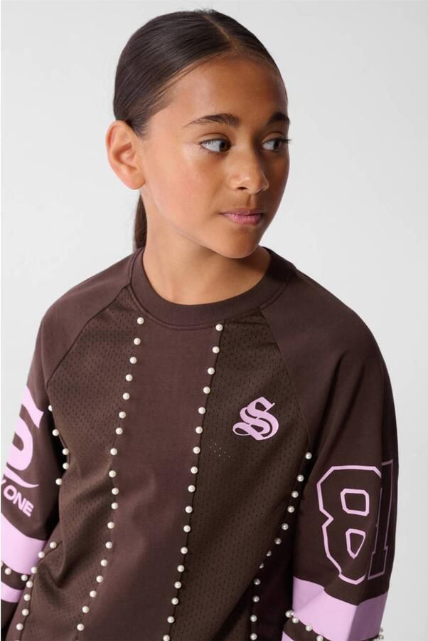 Shoeby gestreepte longsleeve met parels en tekst donkerbruin roze - Foto 3