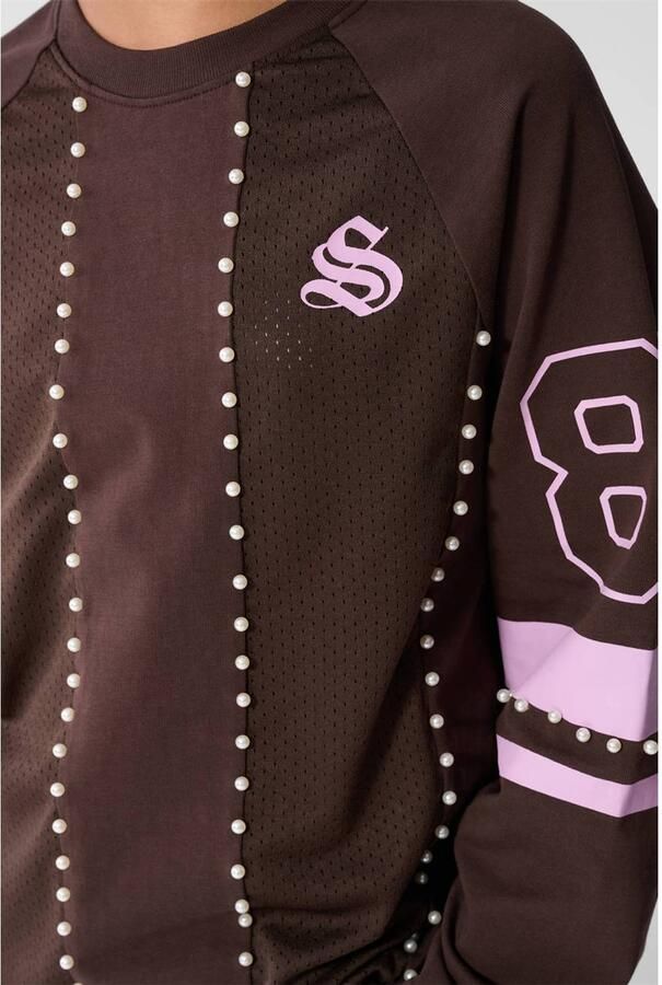 Shoeby gestreepte longsleeve met parels en tekst donkerbruin roze - Foto 2