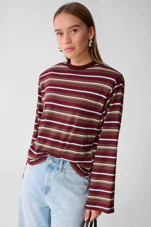 Shoeby gestreepte longsleeve met strass-steentjes donkerrood bruin lichtblauw