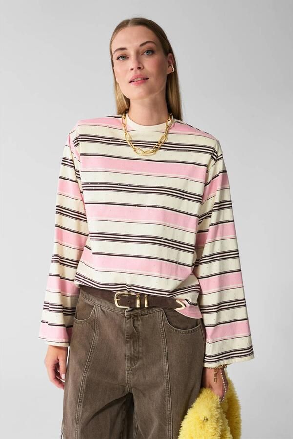 Shoeby gestreepte longsleeve met studs roze ecru bruin