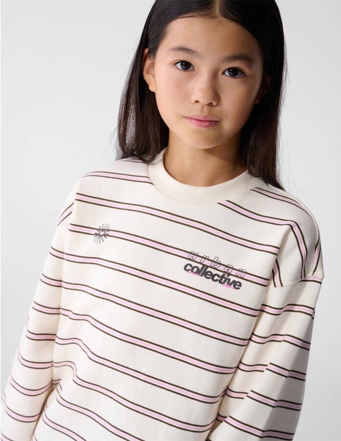Shoeby gestreepte sweater met backprint offwhite roze paars - Foto 3