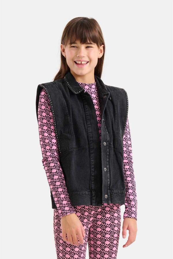 Shoeby gilet met backprint en borduursels dark grey Grijs Meisjes Denim Klassieke kraag 158 164