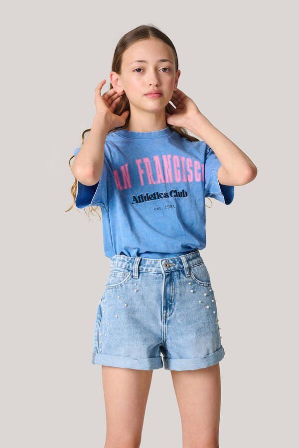 Shoeby high waist regular fit denim short light blue denim Korte broek Blauw Meisjes Katoen 134 140 - Foto 3