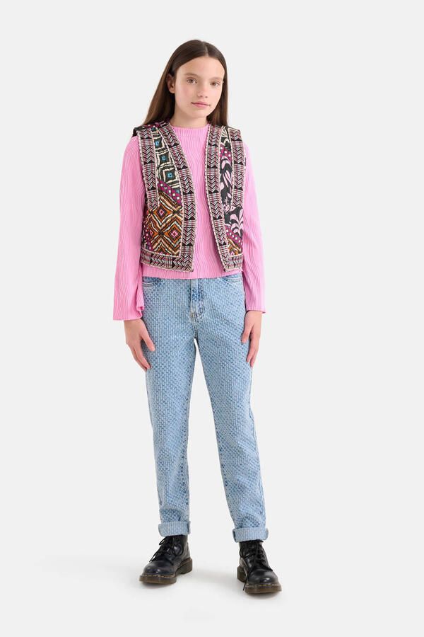 Shoeby high waist straight fit jeans met all over print light blue denim bleached Blauw 158