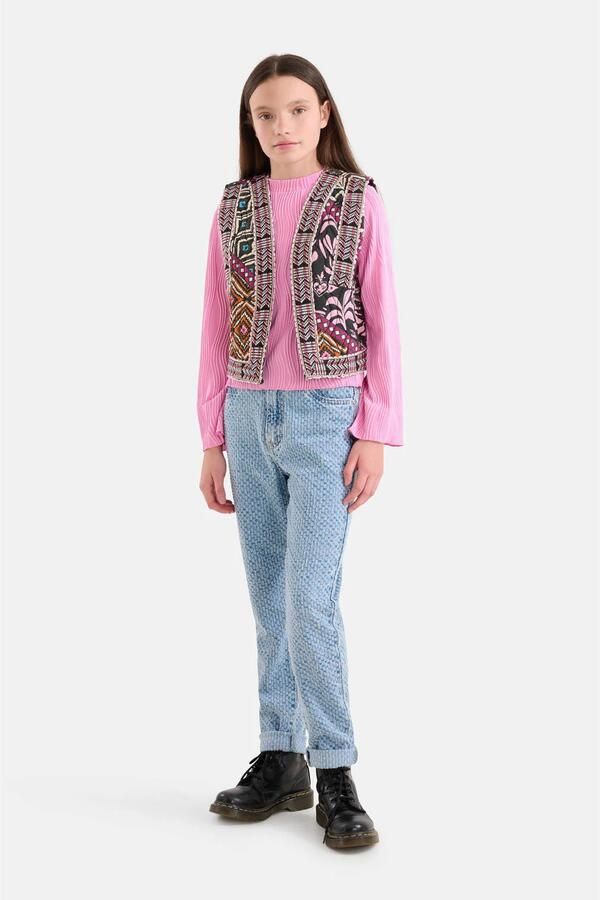 Shoeby high waist straight fit jeans met all over print light blue denim bleached Blauw 146 - Foto 3