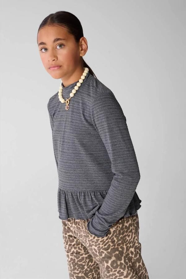 Shoeby metaal gestreepte top met peplum en ruches grijs Meisjes Polyester Opstaande kraag glitter - Foto 3