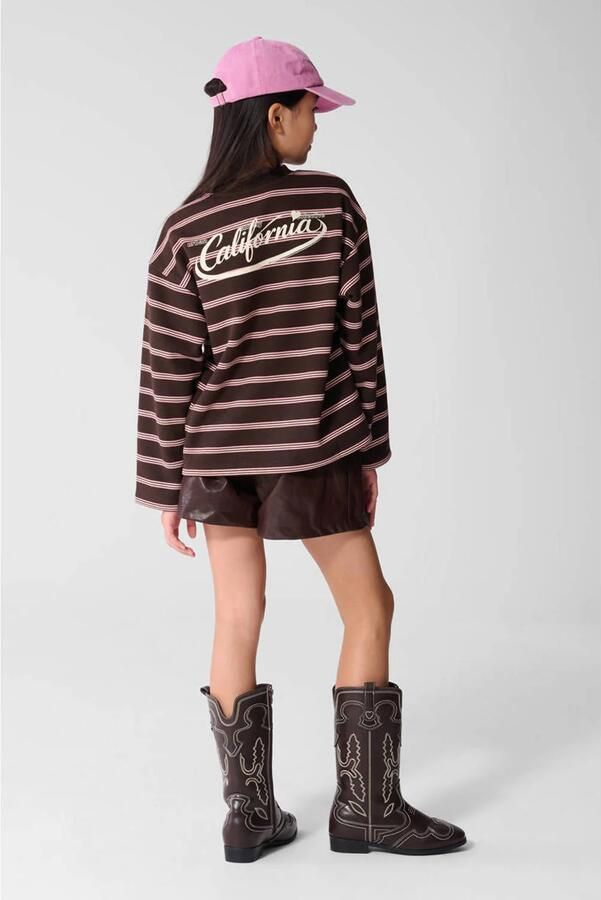 Shoeby oversized gestreepte sweater met backprint bruin roze offwhite - Foto 2