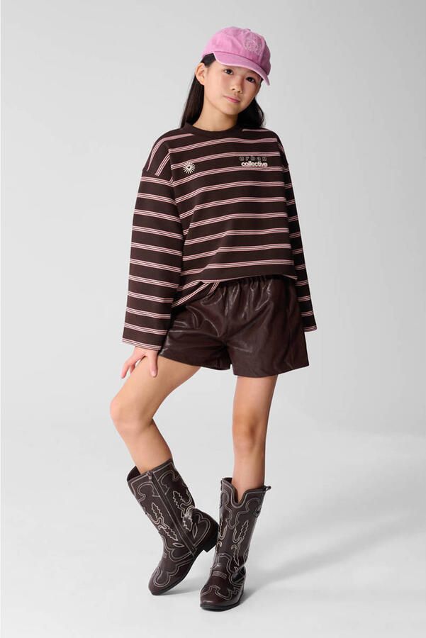 Shoeby oversized gestreepte sweater met backprint bruin roze offwhite - Foto 3