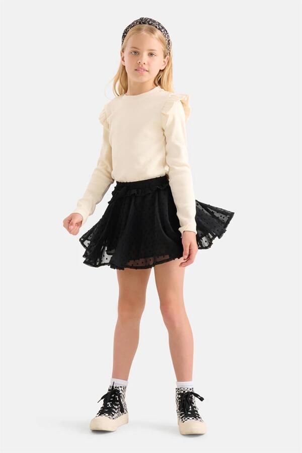 Shoeby ribgebreide top met ruches ecru Meisjes Katoen Ronde hals Effen 110 116