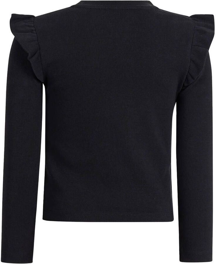 Shoeby ribgebreide top met ruches zwart Meisjes Katoen Ronde hals Effen 110 116
