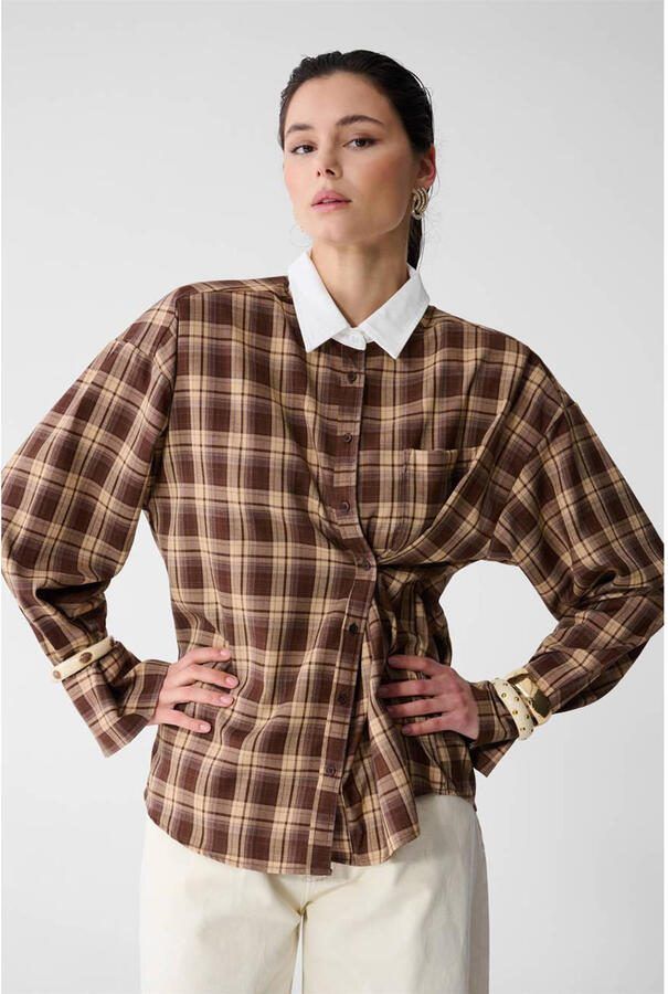 Shoeby Studio oversized geruite blouse bruin