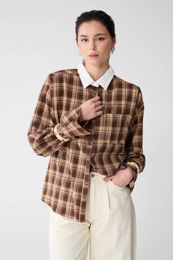 Shoeby Studio oversized geruite blouse bruin - Foto 2
