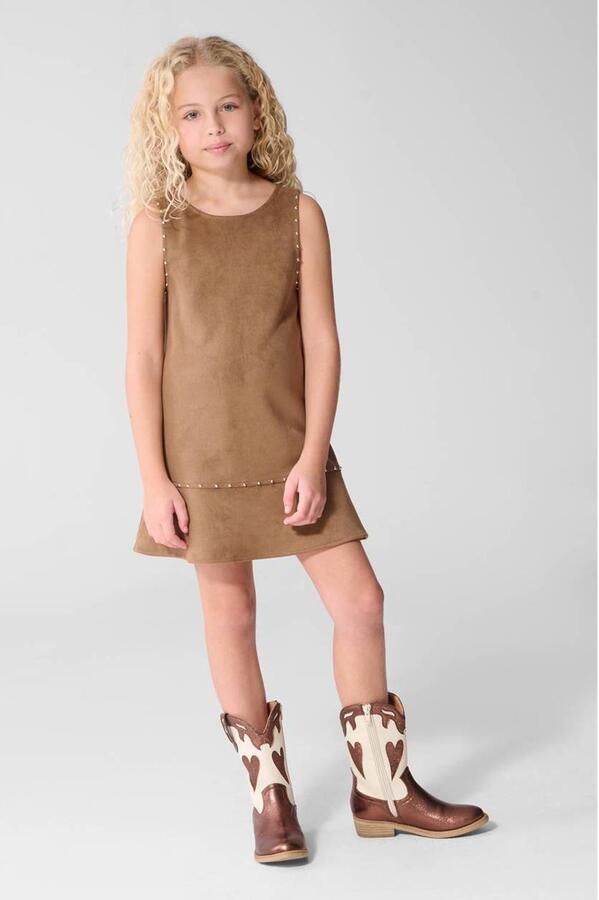 Shoeby suède midi jurk met studs lichtbruin Meisjes Polyester Ronde hals