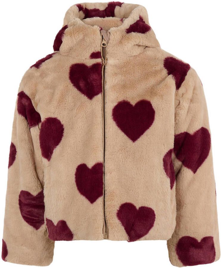 Shoeby teddy winterjas met hartjes beige donkerrood