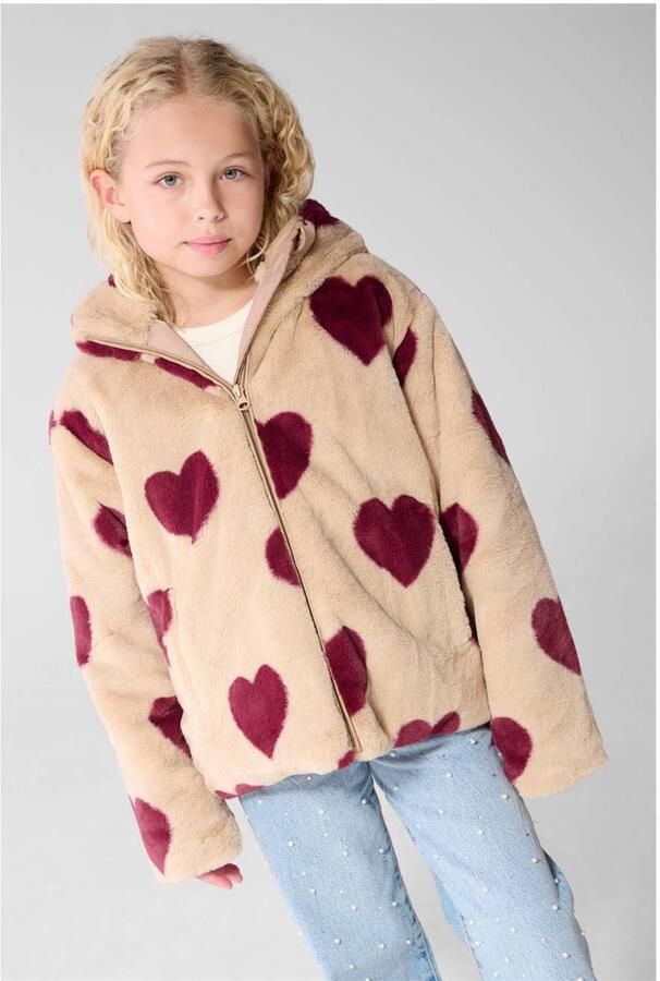 Shoeby teddy winterjas met hartjes beige donkerrood Meisjes Polyester Capuchon