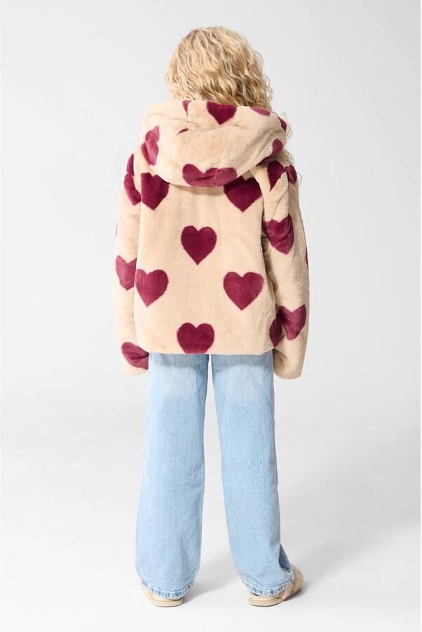 Shoeby teddy winterjas met hartjes beige donkerrood Meisjes Polyester Capuchon - Foto 3