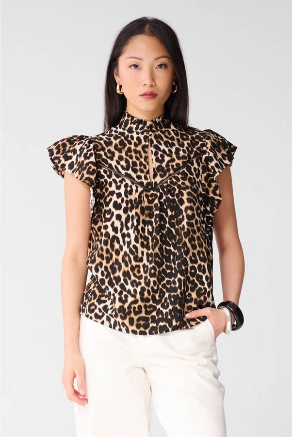 Shoeby top met panterprint bruin broderie
