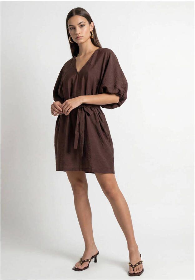 Shoeby viscose korte zomerjurk met ceintuur bruin