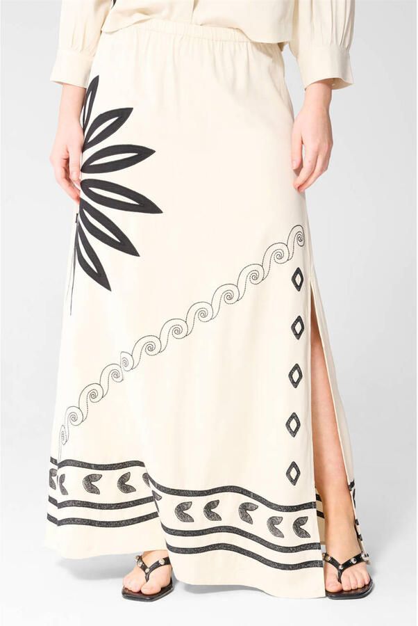 Shoeby viscose midi rok met split en print ecru