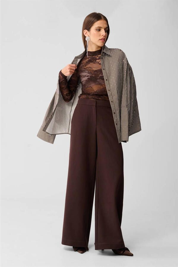 Shoeby wide leg high waist broek donkerbruin