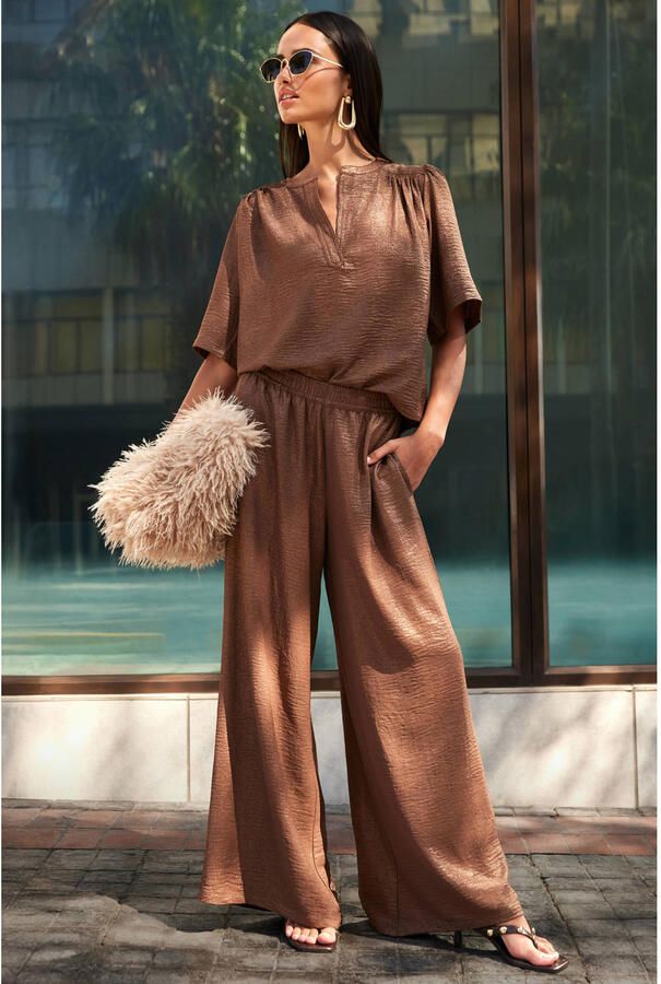 Shoeby wide leg high waist broek met glitter bruin - Foto 3