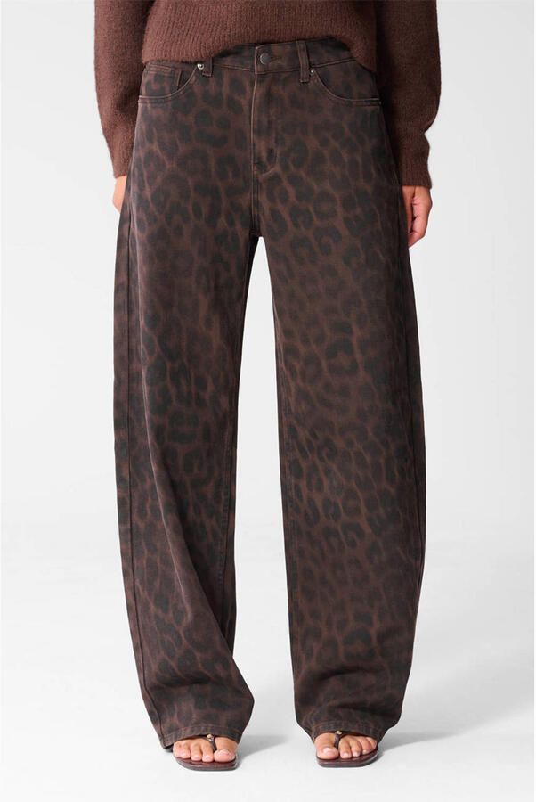 Shoeby wide leg jeans met panterprint bruin