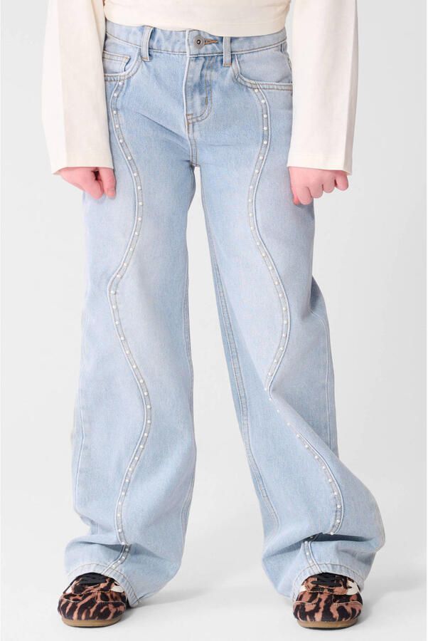 Shoeby wide leg jeans met parels lichtblauw