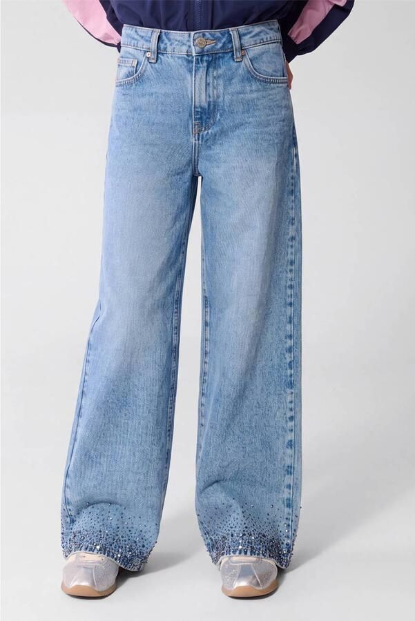 Shoeby wide leg jeans met strass-steentjes medium blue denim Blauw Effen - Foto 3
