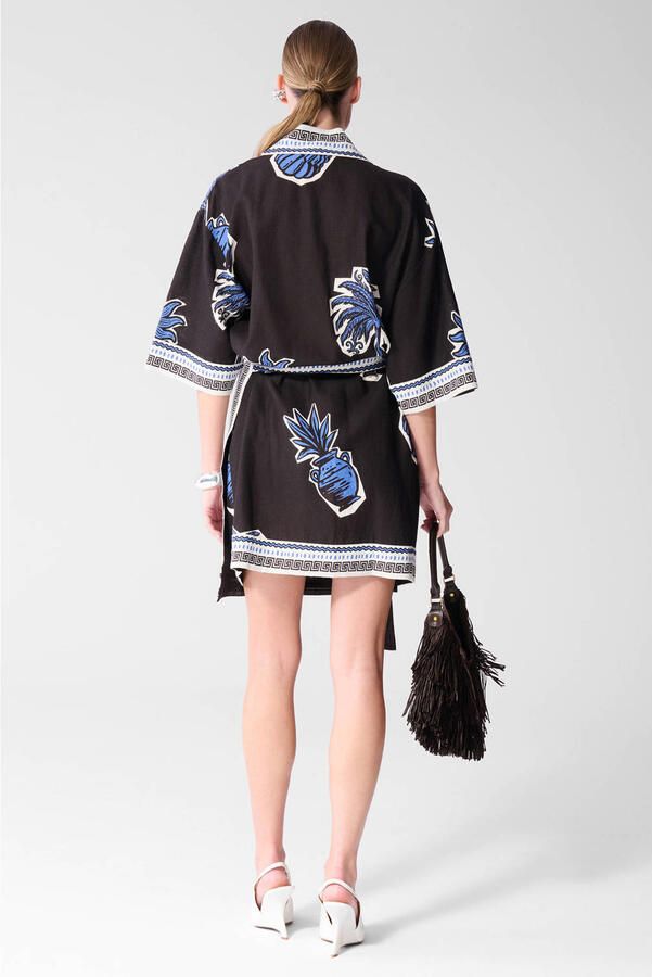 Shoeby wikkeljurk met print en linnen zwart - Foto 3