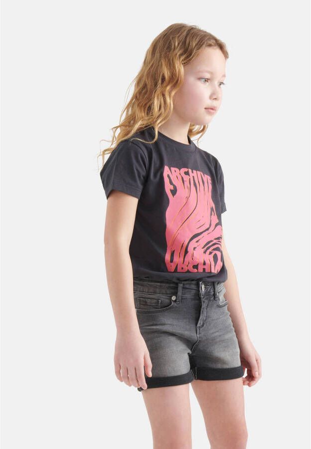 Shoeby T-shirt met printopdruk antraciet roze Grijs Meisjes Katoen Ronde hals 110 116
