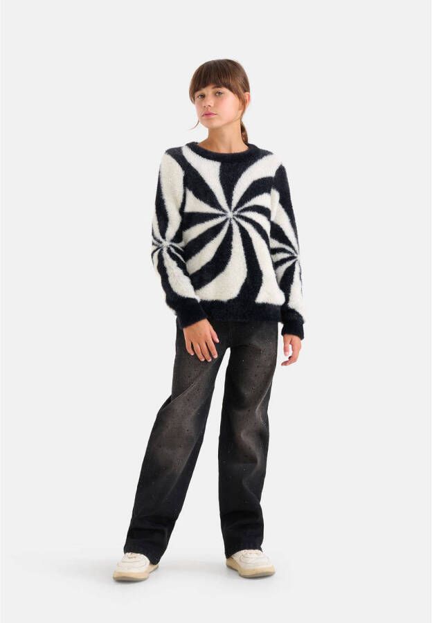 Shoeby trui met all over print zwart wit Meisjes Polyamide Ronde hals All over print 134 140