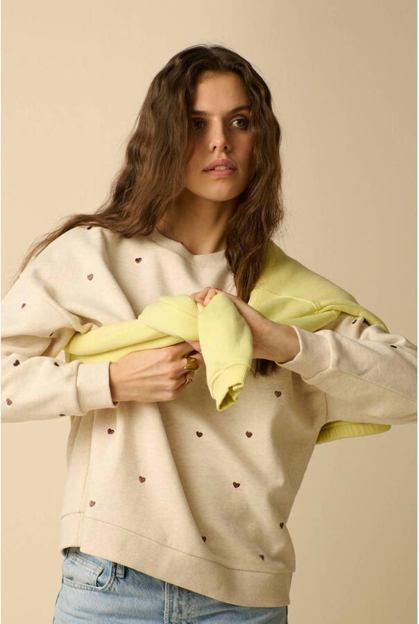 Sissy-Boy katoenen sweater met borduursels en hartjes beige