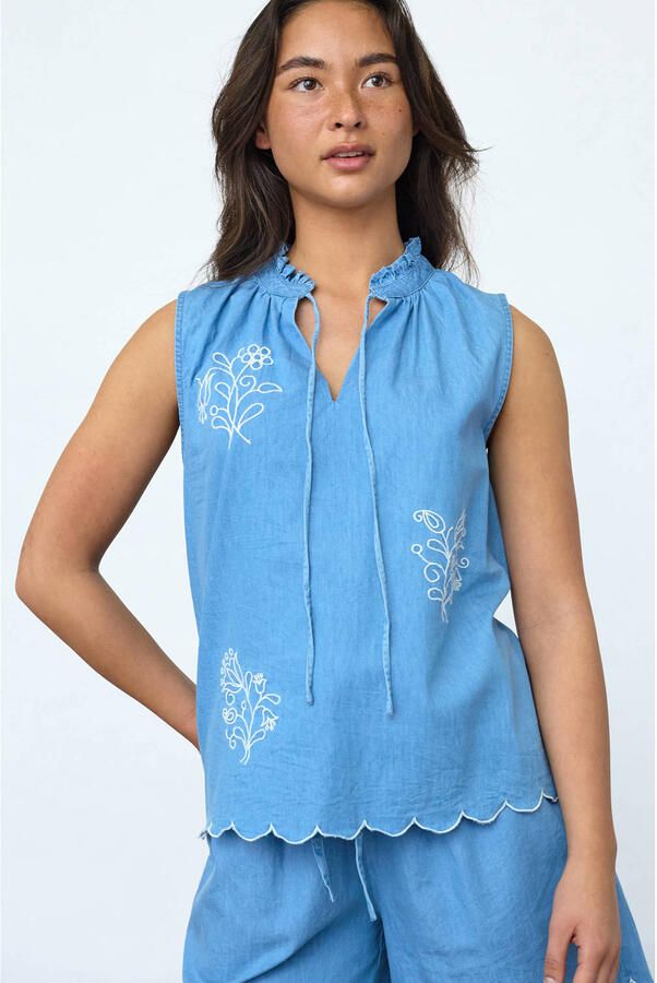SisterS Point denim top met borduursels lichtblauw