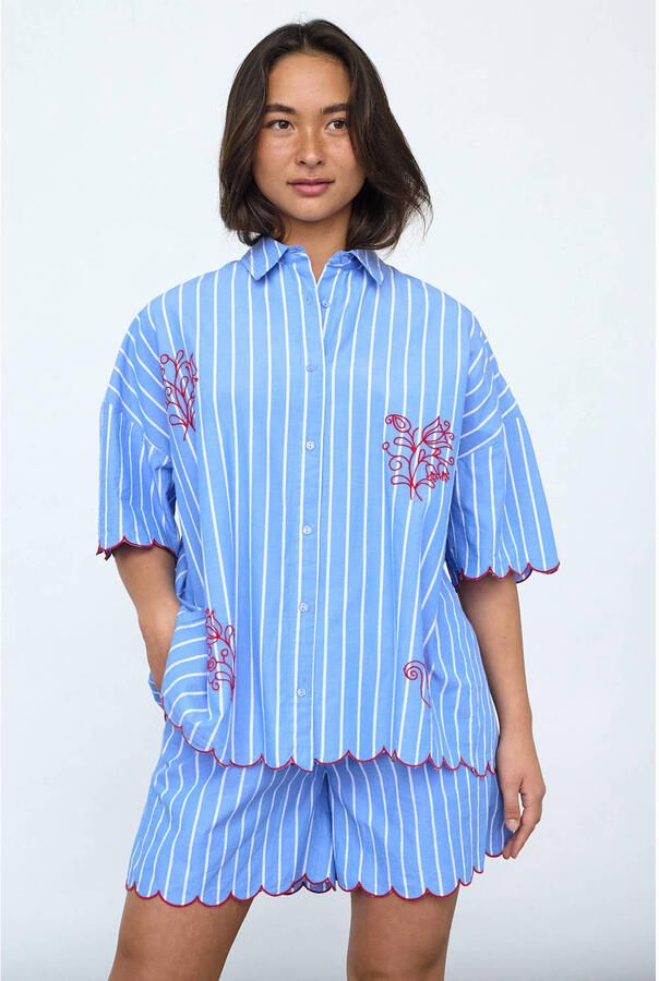 SisterS Point gestreepte blouse met borduursels blauw
