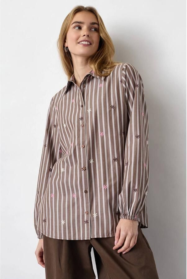 SisterS Point gestreepte blouse met borduursels bruin