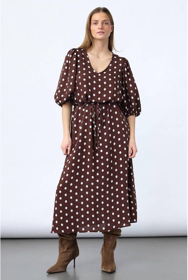 SisterS Point viscose midi jurk met stippen bruin