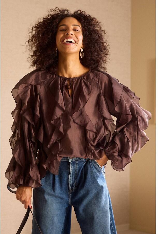 Smashed Lemon blouse met ruches donkerbruin