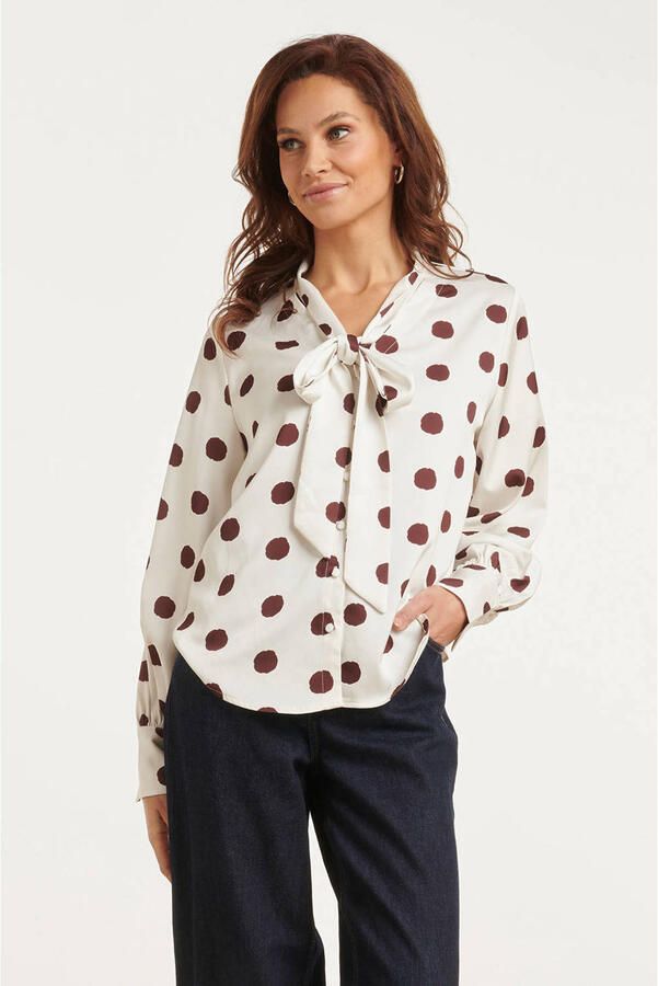 Smashed Lemon blouse met stippen en linnen wit bruin