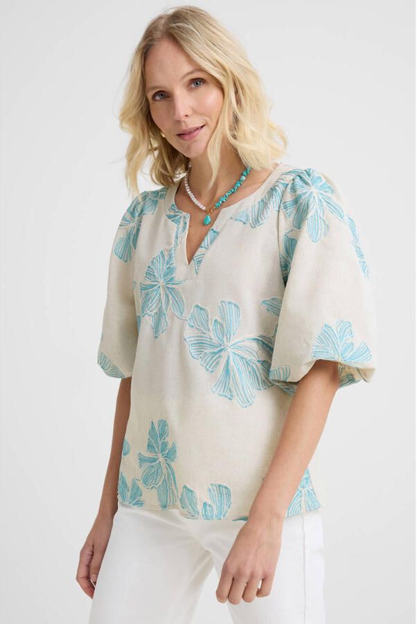 Smashed Lemon gebloemde blousetop ecru blauw