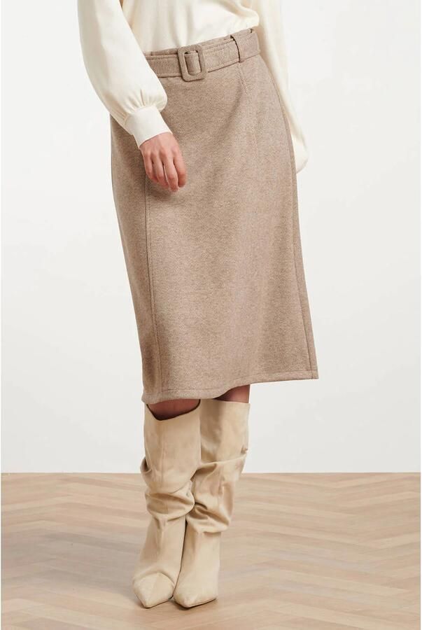 Smashed Lemon midi A-lijn rok met ceintuur print en wol beige