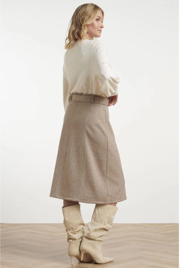Smashed Lemon midi A-lijn rok met ceintuur print en wol beige - Foto 3