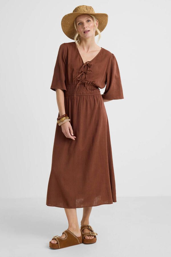 Smashed Lemon midi zomerjurk met smockwerk bruin - Foto 2