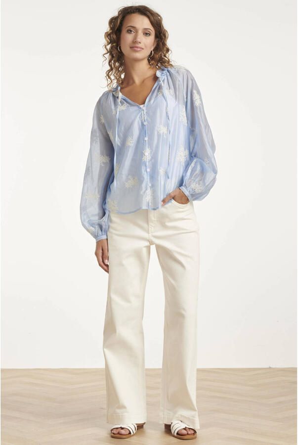 Smashed Lemon zijden gebloemde blouse broderie blauw
