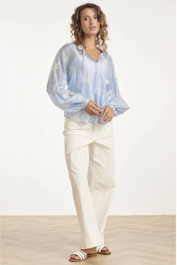 Smashed Lemon zijden gebloemde blouse broderie blauw - Foto 3