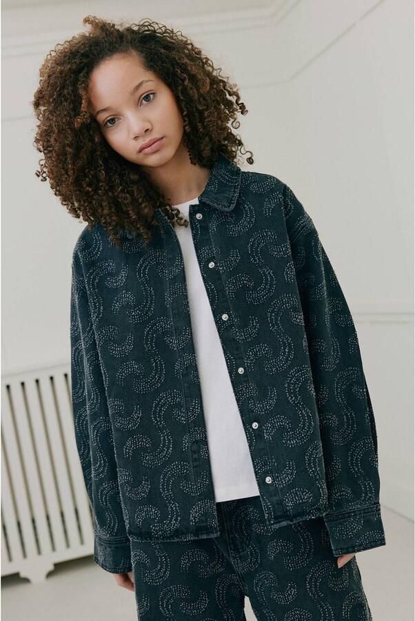 Sofie Schnoor girls blouse met print grijs Meisjes Denim Klassieke kraag