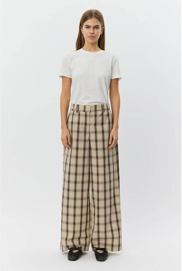 Sofie Schnoor wide leg high waist geruite broek grijsbruin