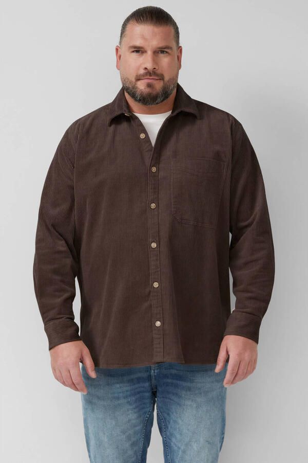 S.Oliver Big Size regular fit corduroy overhemd donkerbruin
