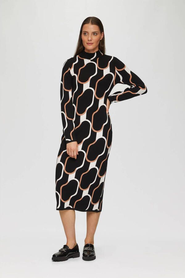 S.Oliver BLACK LABEL fijngebreide bodycon jurk met grafische print zwart ecru beige - Foto 2
